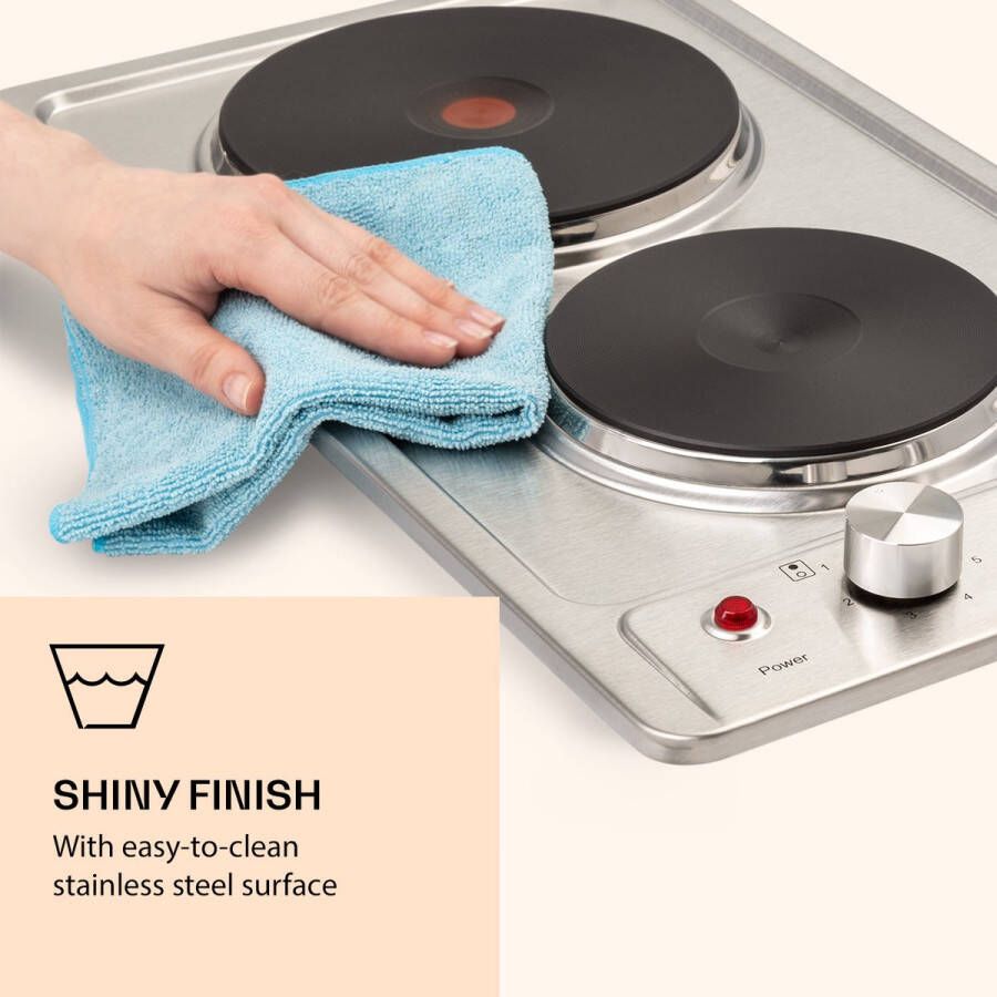 Klarstein Appetito Domino Inbouw Elektrische Kookplaat Twee Kookplaten :1000 En 2000 Watt Dubbele Power 6 Standen Roestvrij Stalen Oppervlak Eenvoudige Bediening LED-Controlelampje Eenvoudige Bediening Met Draaiknoppen Zilver - Foto 2