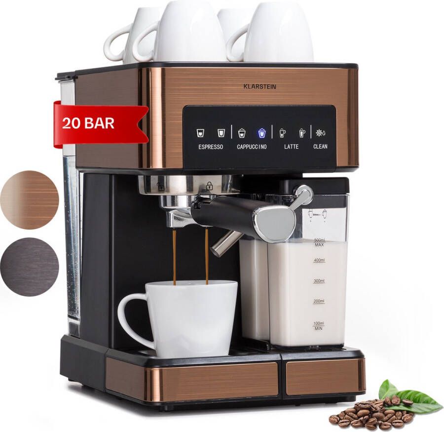 Klarstein Arabica Comfort Espressomachine 1350 Watt 20 Bar Uitneembare Watertank: 1 -8 Liter 90° Rvs Stoompijpje Uitneembaar Melkreservoir Touch Bedieningspaneel Leddisplay Afwasbaar Lekrooster Bekerwarmer Koperkleur