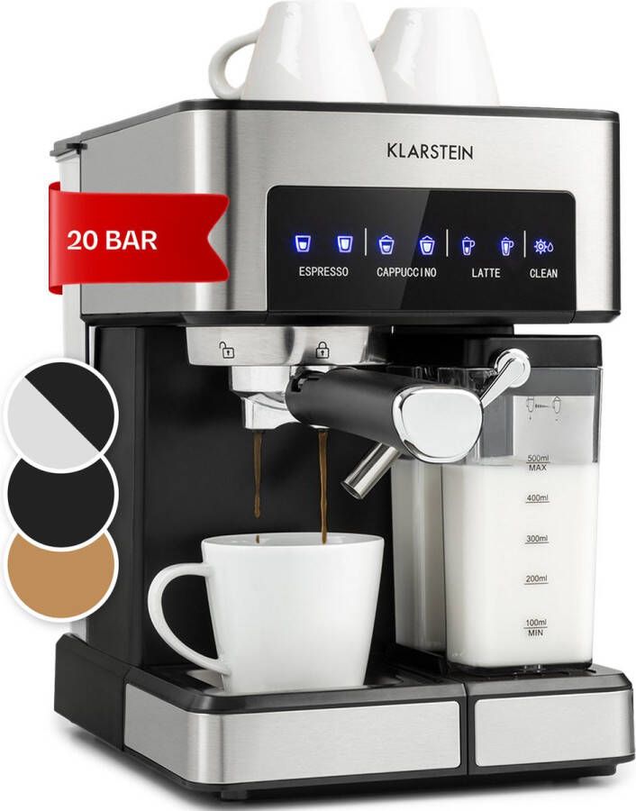 Klarstein Arabica Comfort Espressomachine 1350 Watt 20 Bar Uitneembare Watertank: 1 8 Liter 90° RVS Stoompijpje Uitneembaar melkreservoir Touch bedieningspaneel LED display Afwasbaar lekrooster Zilver