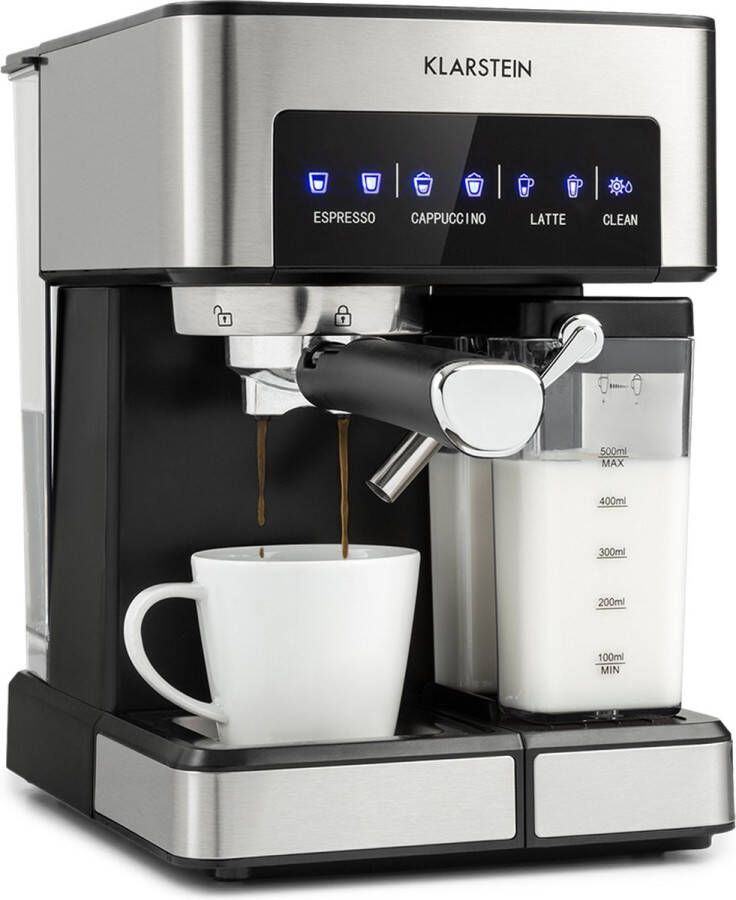 Klarstein Koffiemachine Espresso Pistonmachine met Melkopschuimer 1 8 L Mini Espressomachine met Piston 20 Bar RVS Compact Melkreservoir 1350 W Koffiemachine voor Gemalen Koffie Stoompijpje Touch LED Coffee Machine