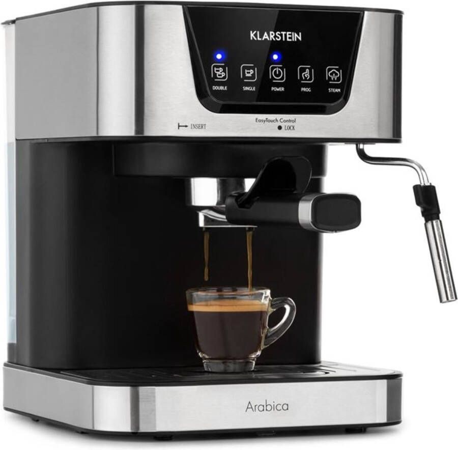 Klarstein Arabica koffiezetapparaat Espressomachine met stoompijpje Volautomatische koffiemachine 15 bar Watertank 1 5 liter Verwarmd oppervlak voor kopjes Zilver Zwart