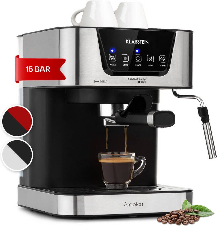 Klarstein Arabica koffiezetapparaat Espressomachine met stoompijpje Volautomatische koffiemachine 15 bar Watertank 1 5 liter Verwarmd oppervlak voor kopjes Zilver Zwart