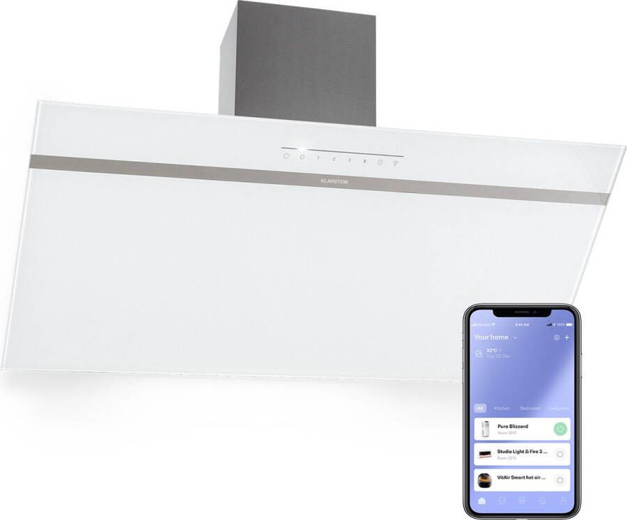 Klarstein Ava 90 Afzuigkap 90 Cm Breed Wandkap Wifi A++ 515 M³ H Touch Bediening Wit