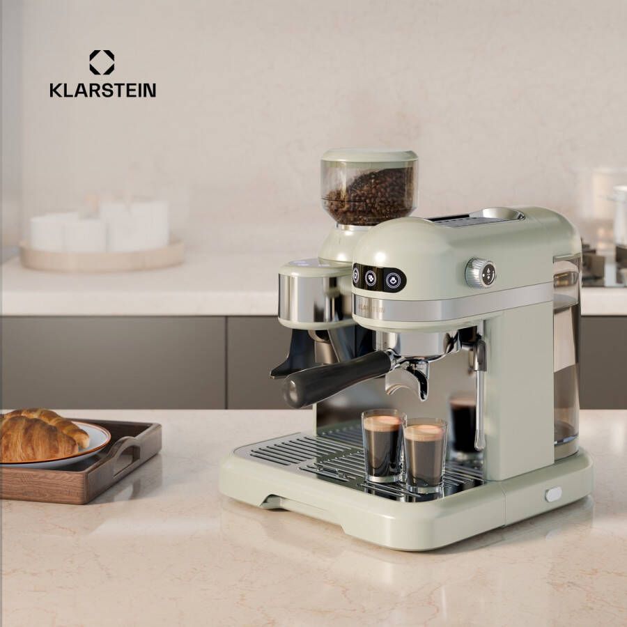Klarstein Bella Café Siebträgermaschine Mit Mahlwerk – 19 Bar 1550 W 1 4 L Integriertes Kegelmahlwerk Milchaufschäumer 2 Tassen Thermo Block Creme Rostfreier Stahl – geschikt voor thuisfitness en sportschoolgebruik duurzame constructie eenv