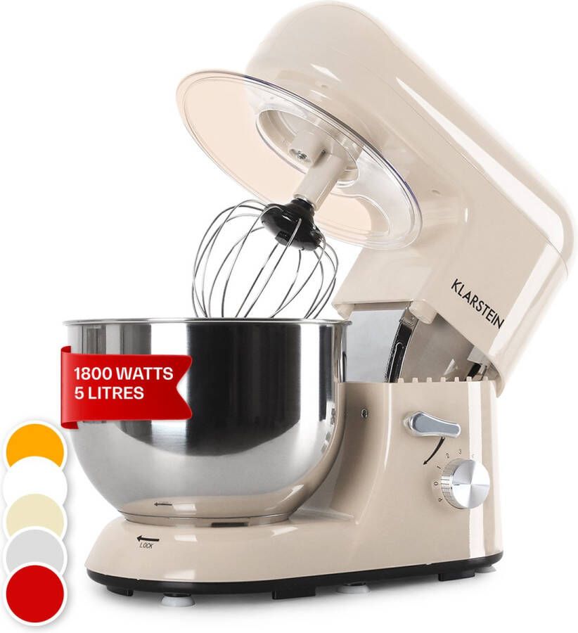 Klarstein Bella Elegance Keukenmachine Mixer 1800 W 6 Vermogensstanden Pulse Functie Planetair Mengsysteem 5 L Roestvrijstalen Kom 3-Delig Accessoires: Deeg- & Kneedhaak Garde Applicaties Roestvrij Staal Zonder BPA Crème