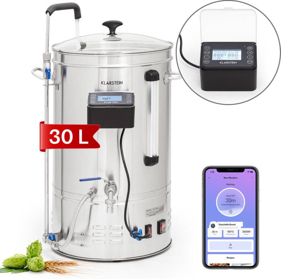 Klarstein Brauheld Smart 35 Maischketel Bierbrouwinstallatie App Bedieining Volume: 35 Liter 100 2500 W Memorybrew: 11 Programmeerbare Stappen Timer 30 100 °C Anti-Burn-Circulation Mashflow Lc-Display Roestvrij Staal - Foto 2