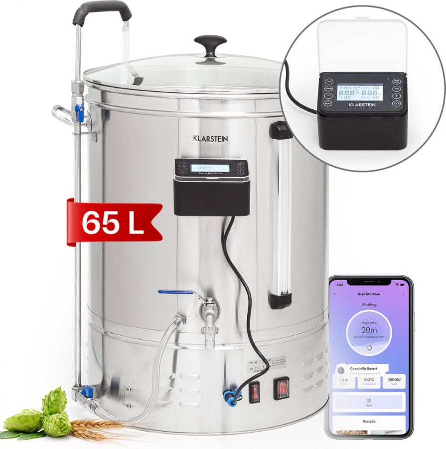 Klarstein Brauheld Smart 65 Maischketel Bierbrouwinstallatie App Bedieining Volume: 65 Liter 100 2500 W Memorybrew: 11 Programmeerbare Stappen Timer 30 100 °C Anti-Burn-Circulation Mashflow Lc-Display Roestvrij Staal