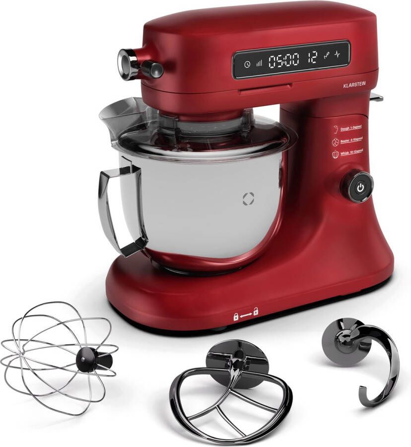 Klarstein Chiara Keukenmachine 1600W 5 Liter Roestvrijstalen kom 12 Snelheden LCD Touch Display ≤72 dB Vaatwasmachinebestendige patisserie set Gegoten aluminium behuizing Rood