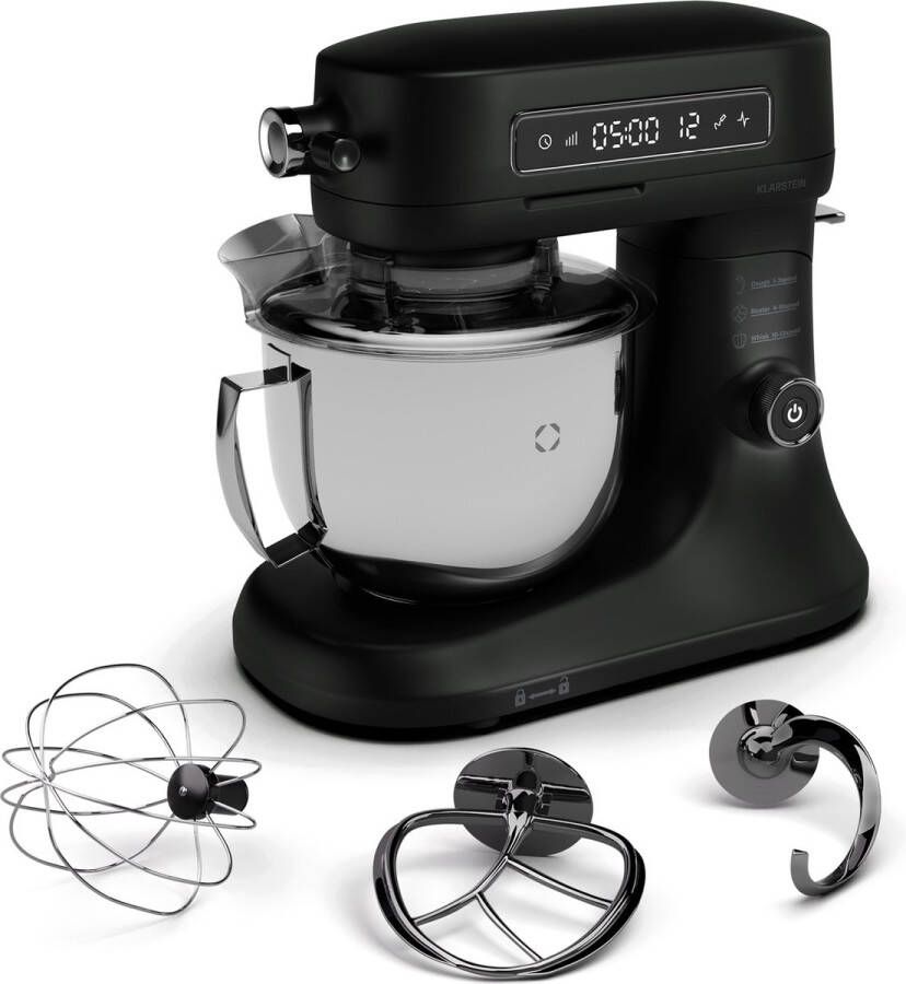 Klarstein Chiara Keukenmachine 1600W 5 Liter Roestvrijstalen kom 12 Snelheden LCD Touch Display ≤72 dB Vaatwasmachinebestendige patisserie set Gegoten aluminium behuizing Zwart