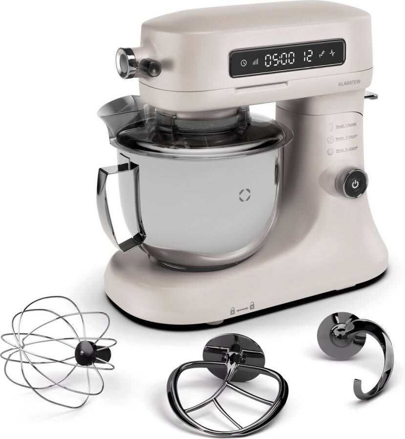 Klarstein Chiara Keukenmachine 1600W 5 Liter Roestvrijstalen kom 12 Snelheden LCD Touch Display ≤72 dB Vaatwasmachinebestendige patisserie set Gegoten aluminium behuizing Zandkleur