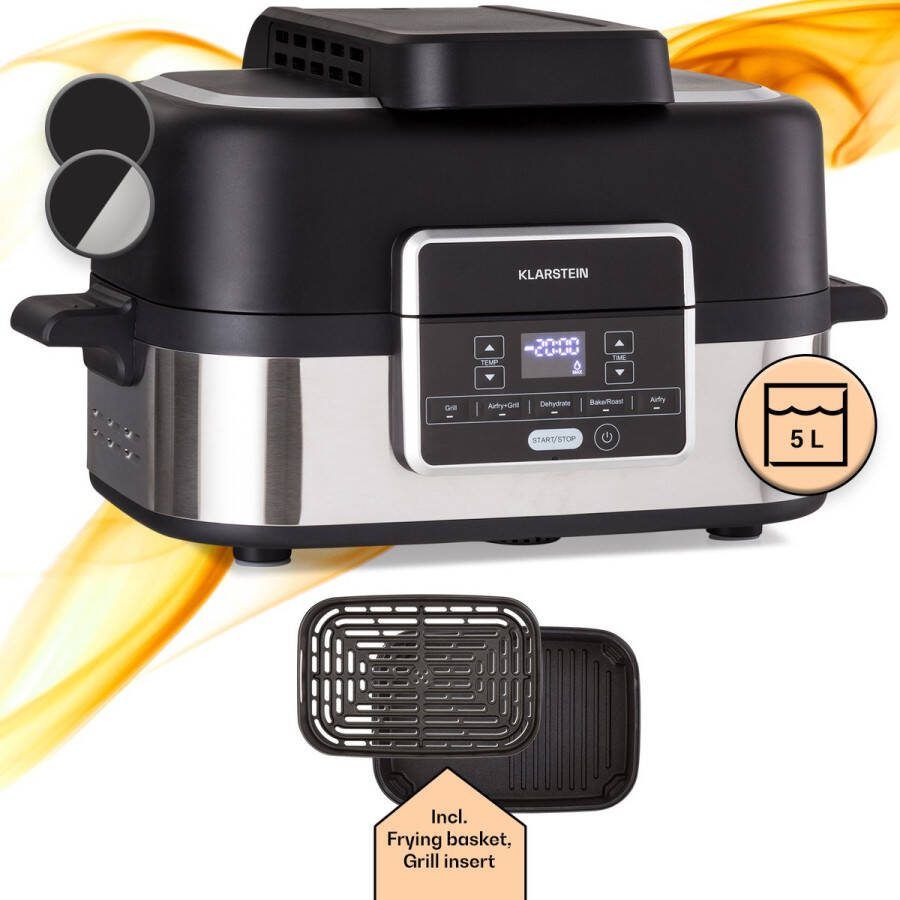 Klarstein Combo Air heteluchtfriteuse air fryer friteuse met grill 1500 W 4 5 liter grillmand 2 5 liter frituurmand 5 programma's grillfunctie timer anti-aanbaklaag vaatwasmachinebestendig thermostaat 30 200 °C leddisplay zuignappen