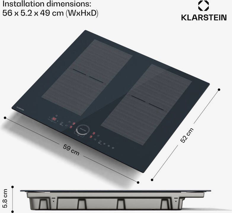 Klarstein Delicatessa 60 inductiekookplaat – 4-zone inbouwkookplaat 7.000 W met flexzone en thermoboost schuifregelaar kinderslot zwart glaskeramisch design van 59 cm - Foto 2