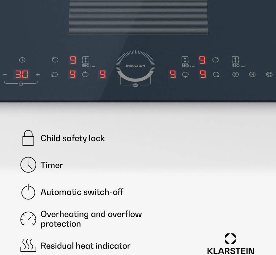 Klarstein Delicatessa 90 inductiekookplaat – 6-zone inbouwkookplaat 10.500 W met flexzone en boosters schuifregelaar timer en kinderslot zwart glaskeramisch design van 90 cm - Foto 5