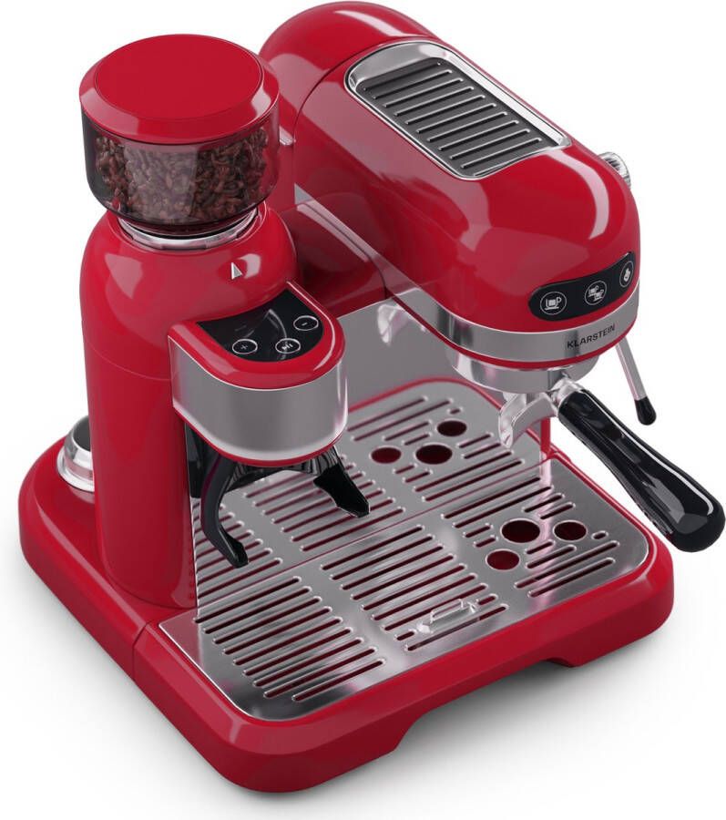 Klarstein Espresso Portafiltermachine Met Melkopschuimer & Molen 4 Liter Retro Mini-Espressomachine 1550W Koffiezetapparaat Cappuccino Rood
