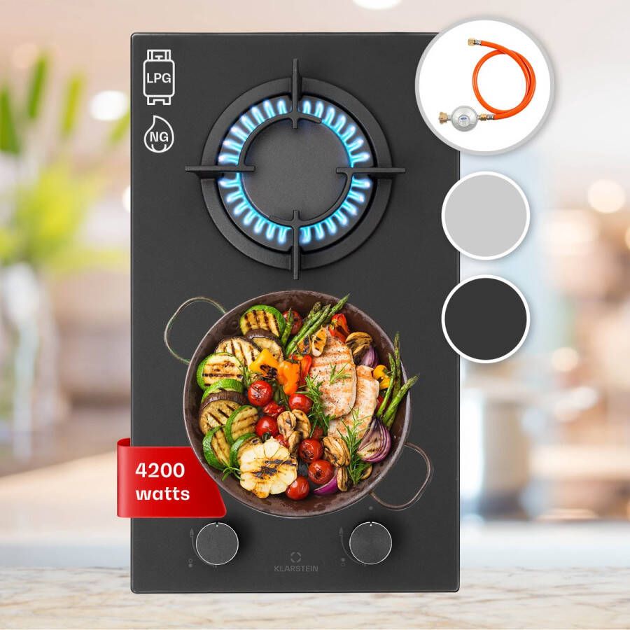 Klarstein Firetale Gaskookplaat 2-pits Zelfvoorzienend 30 cm Inbouw Aluminium branders Aardgas Propaangas Veiligheidsventiel Automatische uitschakeling Gietijzeren pannendrager Zwart