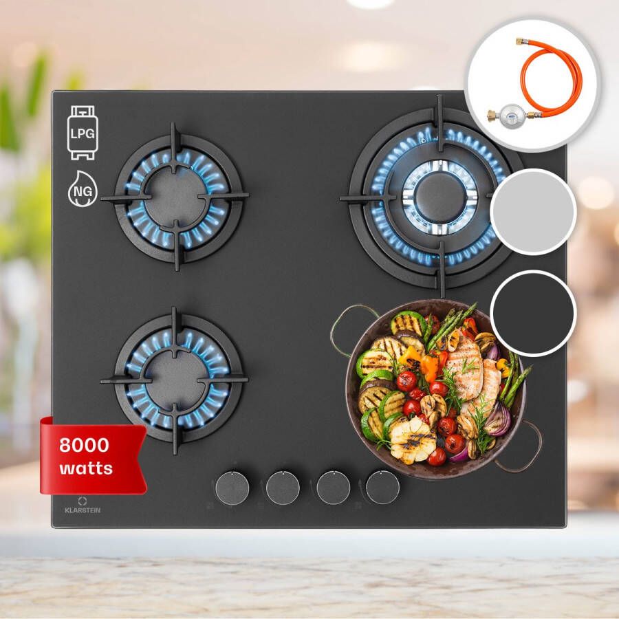 Klarstein Firetale Gaskookplaat 4-pits Zelfvoorzienend 60 cm Inbouw Aluminium branders Aardgas Propaangas Veiligheidsventiel Automatische uitschakeling Gietijzeren pannendrager Zwart