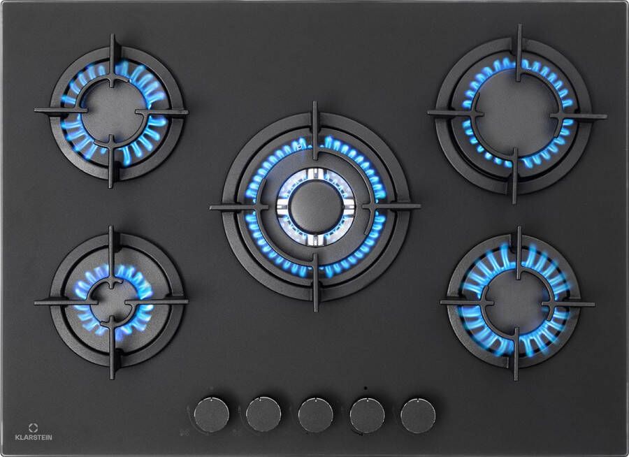 Klarstein Firetale Gaskookplaat 5-pits Zelfvoorzienend 70 cm Inbouw Aluminium branders Aardgas Propaangas Veiligheidsventiel Automatische uitschakeling Gietijzeren pannendrager Zwart