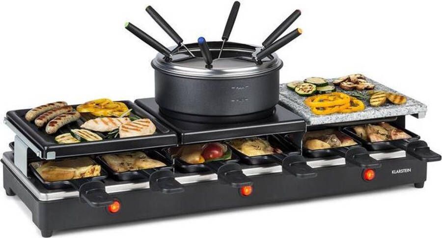 Klarstein Fonduelette XL Gourmetstel raclette-grill en fondue 1650W metalen grillplaat natuurstenen plaat en crêpesplaat voor 12 personen