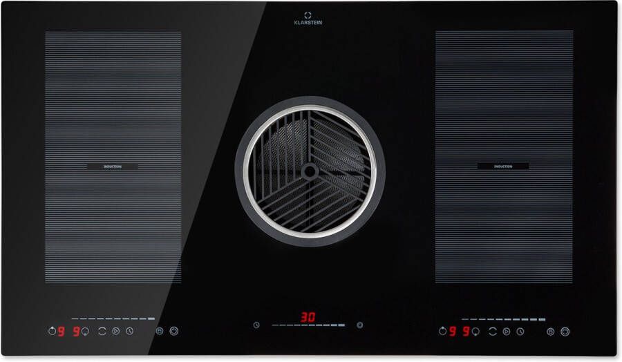 Klarstein Full House 3.0 Downair Inductiekookplaat Met Afzuigsysteem Downair Kap Afzuigkap Inbouw Zelfvoorzienend 90 cm 4 Zones 2 Flexzones 7150 W 655 M³ H Afvoervermogen EEC: A Touch Bediening Control -Zwart