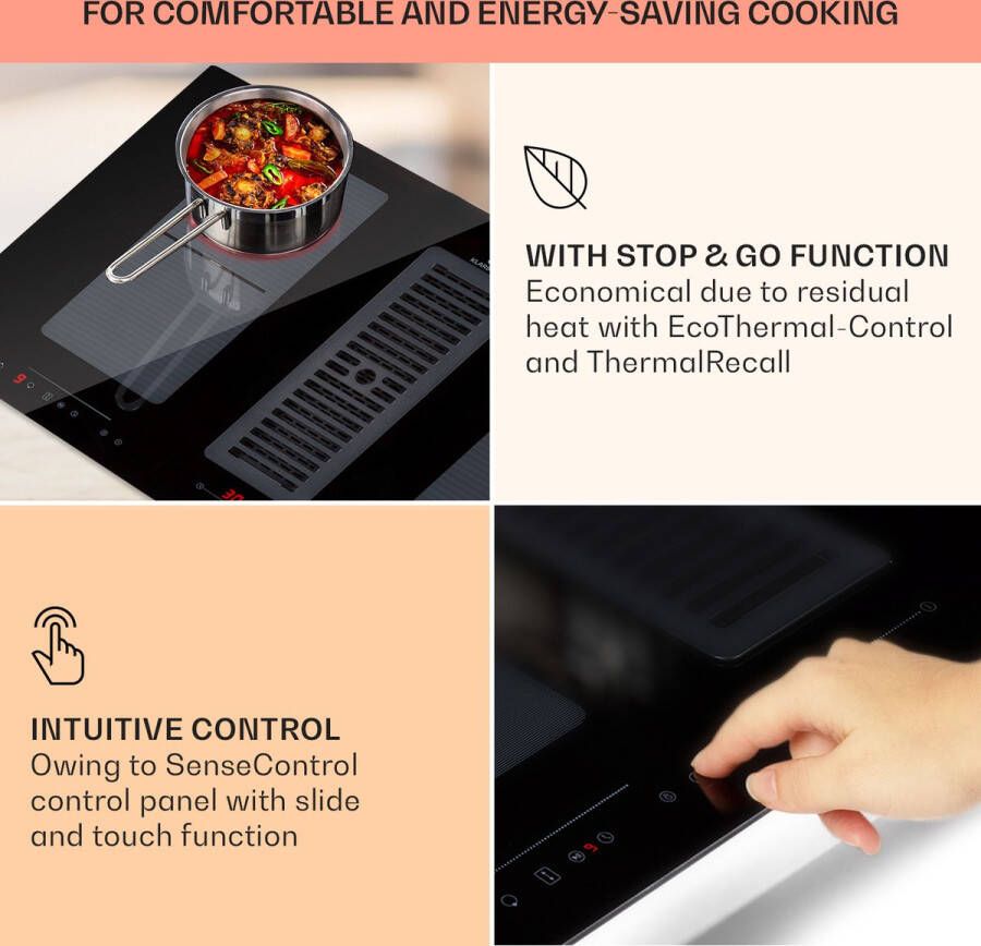 Klarstein Full House Downair Inductiekookplaat Met Afzuigsysteem Afzuigkap Tafelkap Inbouw Zelfvoorzienend 88 cm 4 Zones Flexzones Met Booster 7120 W 477 M³ H Afvoervermogen EEC: A+ Touch Bediening Control Zwart - Foto 2