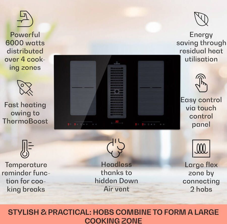 Klarstein Full House Downair Inductiekookplaat Met Afzuigsysteem Afzuigkap Tafelkap Inbouw Zelfvoorzienend 88 cm 4 Zones Flexzones Met Booster 7120 W 477 M³ H Afvoervermogen EEC: A+ Touch Bediening Control Zwart