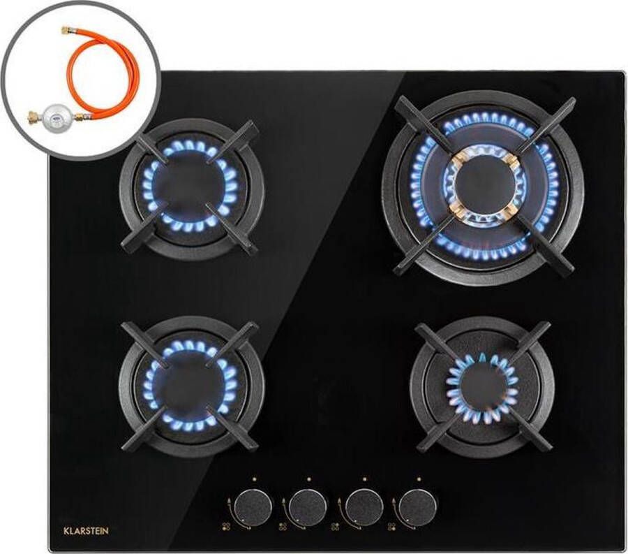 Klarstein Goldflame Domino Gaskookplaat 4 Pitten 8000 W Messing Branders Glaskeramisch Oppervlak Comfortabele Bediening Met Snap Jet-Ignition Eenvoudige Reiniging Energiebesparend Alles Inclusief Veilig En Praktisch Zwart - Foto 1