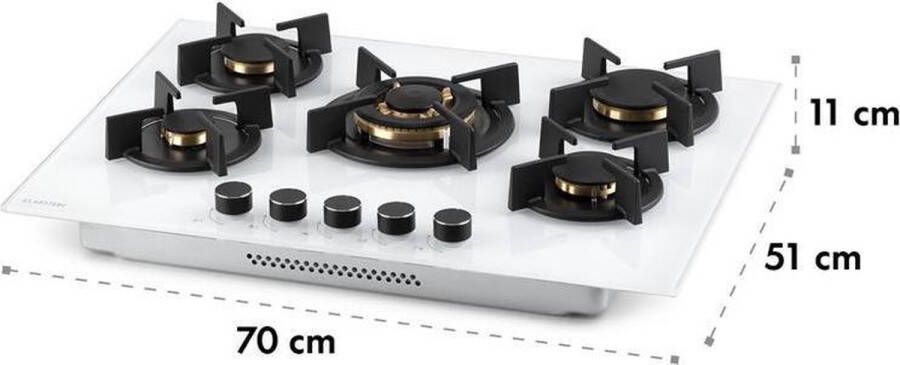 Klarstein Goldflame Domino Gaskookplaat 10400 W 5 Pitten Messing Branders Glaskeramisch Oppervlak Comfortabele Bediening Met Snap Jet-Ignition Eenvoudige Reiniging Energiebesparend Alles Inclusief Veilig En Praktisch Wit - Foto 2