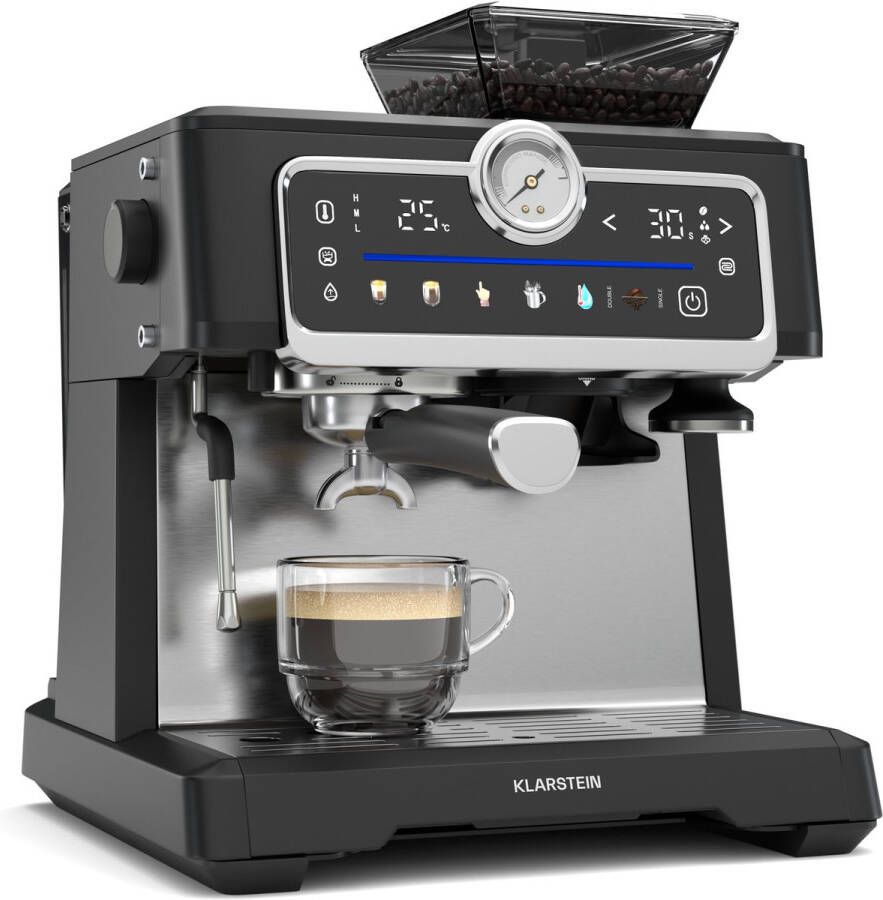 Klarstein GrandPresso Touch Pistonmachine met Molen – 20 Bar 1350 W Geïntegreerde Precisie-Molen Touchscreen 2 3 L Watertank Stoompijpje Roestvrij Staal Zwart