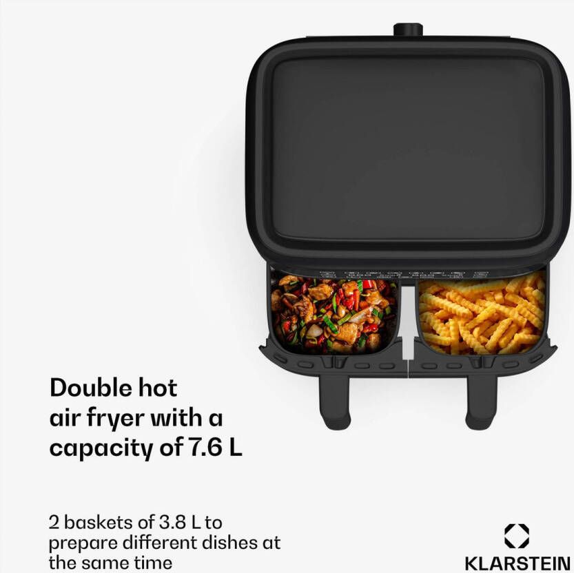 Klarstein Heteluchtfriteuse Airfryer Met 2 Kamers 2850 W 6 Liter Touch Bediening Timer Voorverwarmen 6 Modi Air Fryer XL Zwart