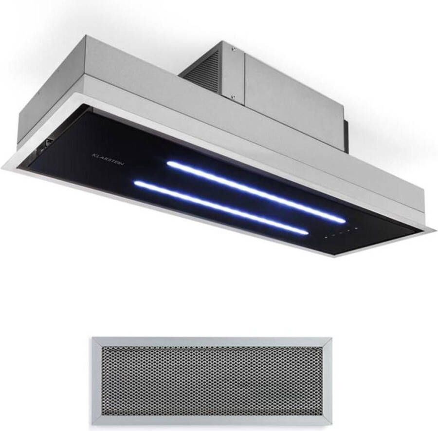 Klarstein High Line Deckenhaube Einbau 90 cm 410 m3 h Umluft en Abluft 3 Stufen LED Fernbedienung & Aktivkohlefilter Dunstabzugshaube Unterbauhaube Edelstahl schwarzes Glas – geschikt voor thuisfitness en sportschoolgebruik duurzame constru