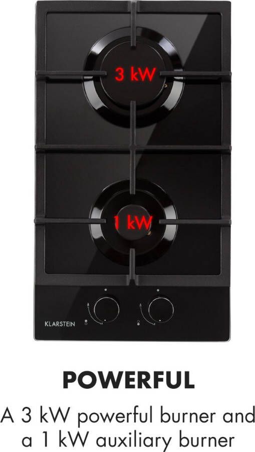 Klarstein Ignito Domino Gasfornuis 2 Pitten 7600 W Sabaf-Branders Glaskeramisch Oppervlak Onderhoudsvriendelijk Efficiënt Koken Gelijke Hittedistributie Elektrische Ontsteking Elegant Design Intuïtieve Draaiknoppen Zwart - Foto 4