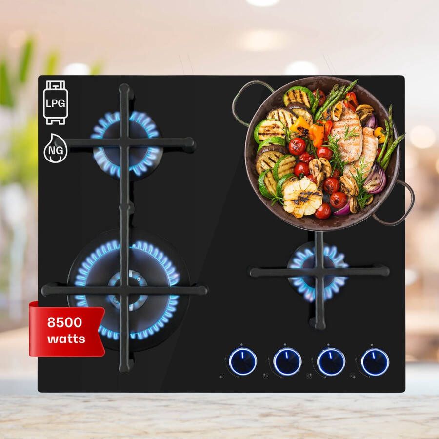 Klarstein Illuminosa 4 Gaskookplaat 4 Pitten Sabaf-Brander Glaskeramisch Oppervlak Gelijkmatige Hitteverdeling Elektrische Ontsteking Praktisch En Elegant Energiezuinig Klassiek Gietijzeren Look Intuïtieve Bediening Zwart