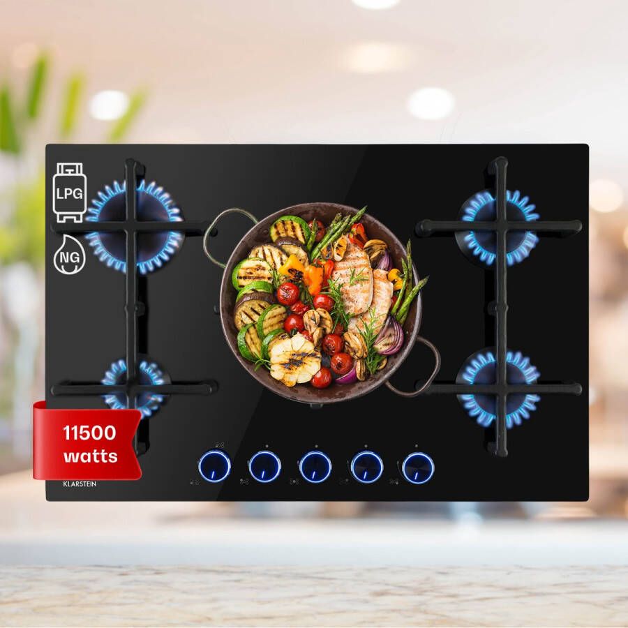 Klarstein Illuminosa 5 Gaskookplaat 5 Pitten Sabaf-Brander Glaskeramisch Oppervlak Gelijkmatige Hitteverdeling Elektrische Ontsteking Praktisch En Elegant Energiezuinig Klassiek Gietijzeren Look Intuïtieve Bediening Zwart