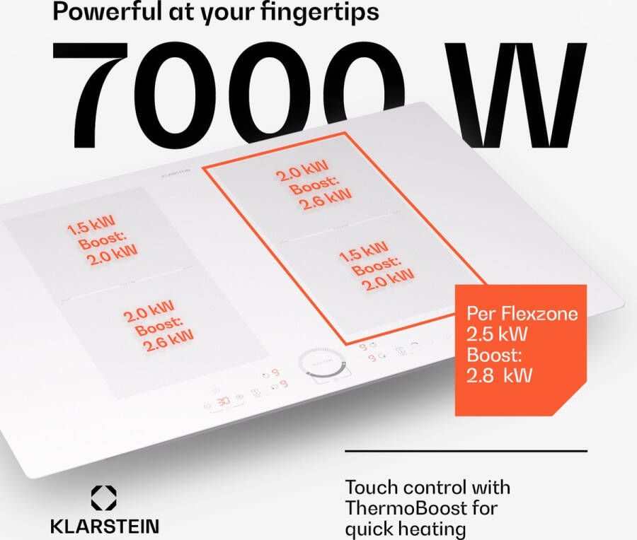 Klarstein Inductiekookplaat 4 Platen Inbouw Inductiekookplaat Met 4 Kookplaten 7000 Watt Inductiekookplaat Met Tiptoetsbediening & Timer Efficiënte Elektrische Inductiekookplaat Wit - Foto 3