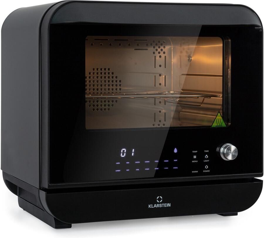 Klarstein Vita Pro heteluchtfriteuse met stoomfunctie vermogen: 2450 watt volume: 18 liter 14 programma's watertank: 800 ml thermostaat: 50 tot 230 °C digitaal display 3-delig accessoireset frontklep met panoramavenster