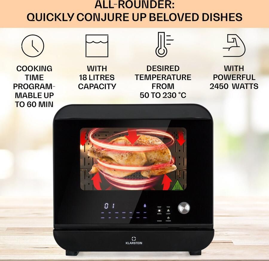 Klarstein Vita Pro heteluchtfriteuse met stoomfunctie vermogen: 2450 watt volume: 18 liter 14 programma's watertank: 800 ml thermostaat: 50 tot 230 °C digitaal display 3-delig accessoireset frontklep met panoramavenster