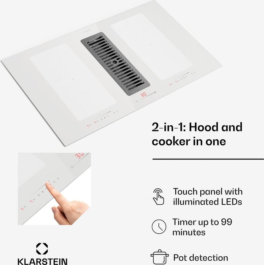 Klarstein Inductiekookplaat 2-in-1 kookplaat met ingebouwde afzuigkap voor kookeiland kookplaat met geïntegreerde afzuigkap van 90 cm 391 m³ h luchtstroom touch control energieklasse A+ Kookveld 7120W 52 cm Inbouw voor Keuken
