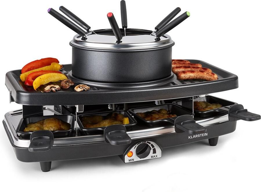 Klarstein 3 in 1 Raclette Fondue Kombi en Grill 1100W Raclette Fondue Set met Steinplatte Elektrischer Fondue Raclette Grill voor 8 Personen met 8 Pfännchen & Fonduegabeln Raclette Gerät Elektrisch – geschikt voor thuisfitness en sportschoolgebrui