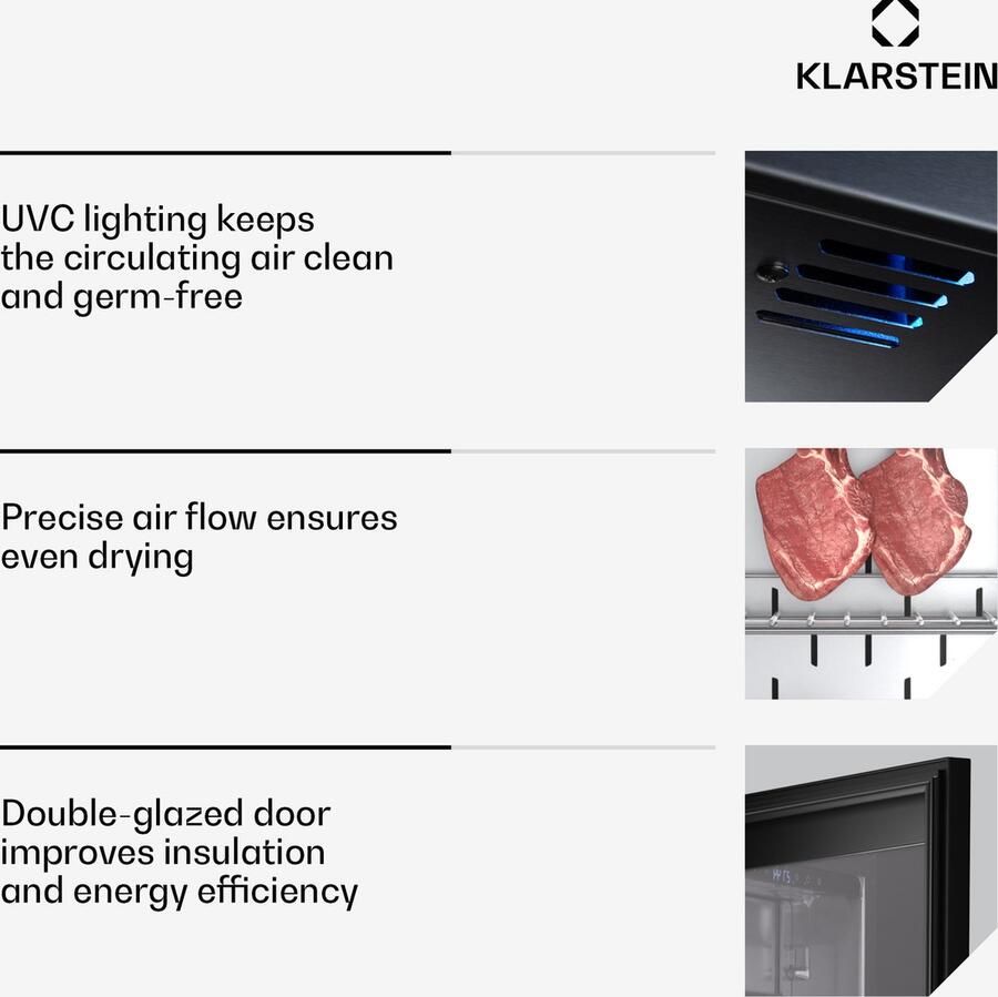Klarstein 352L vleesrijpkast met temperatuur- en vochtigheidsregeling UVC-verlichting touchscreen bedieningspaneel dubbelwandige deur LED-display zwart 71 cm 92 kg RVS voor Restaurant