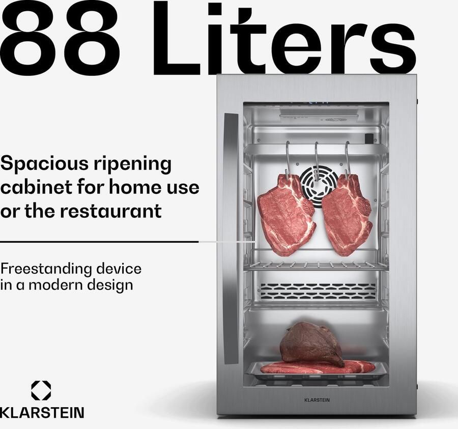 Klarstein 88L vleesrijpkast met temperatuur- en vochtigheidsregeling antibacteriële UVC-verlichting touchscreen bedieningspaneel dubbelglazen deur ideaal voor thuisgebruik en de horeca. 57 cm 40 kg RVS