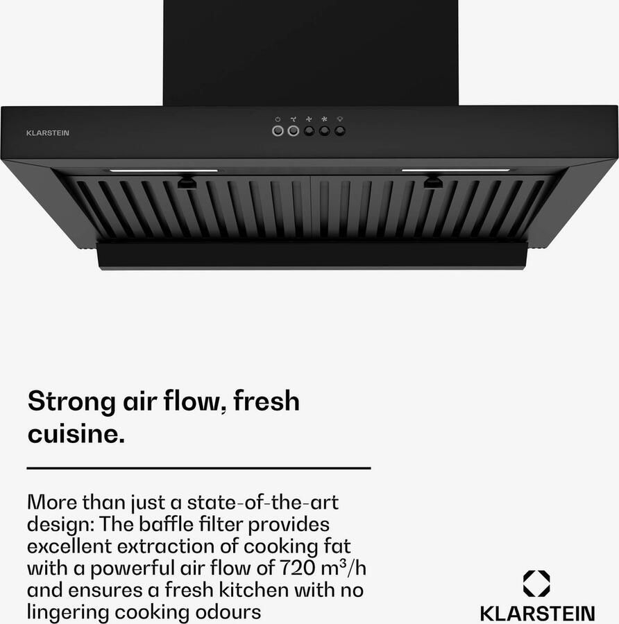 Klarstein AeroClean Dunstabzugshaube 60 cm Wandhaube Boost Modus 721 m³ h A++ Energieeffizienz LED Beleuchtung 3800 4200 K Drucktasten Schwarz Abluft & Umluft – geschikt voor thuisfitness en sportschoolgebruik duurzame constructie eenvoudig t