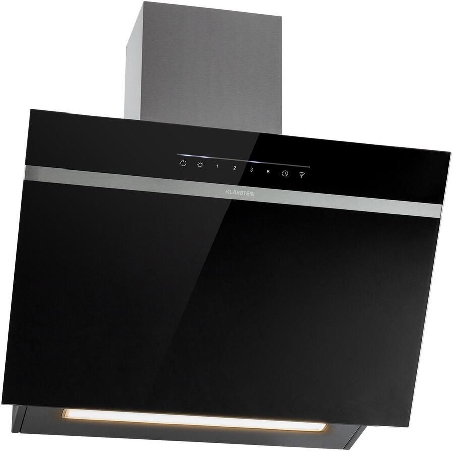 Klarstein Afzuigkap 60 cm Recirculatie Afvoer Afzuigkap Zwart Met Vaatwasserbestendig Filter Schuine Afzuiging Met 514 m³ h Luchtstroom Afzuigkap 60 cm Wandkappen Met Wi-Fi & LED's Wandafzuigkap 515 m³ u voor Keuken Touch Vetfilter