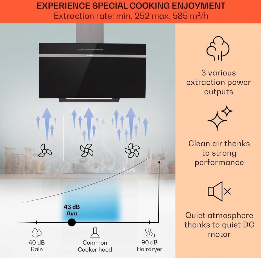 Klarstein Afzuigkap 90 cm Recirculatie Afvoer Afzuigkap Zwart Met Vaatwasserbestendig Filter Schuine Afzuiging Met 585 m³ h Luchtstroom Afzuigkap 90 cm Breed Wandkappen Met Wi-Fi & LED's Wandafzuigkap 515 m³ u voor Keuken Touch Vetfilter