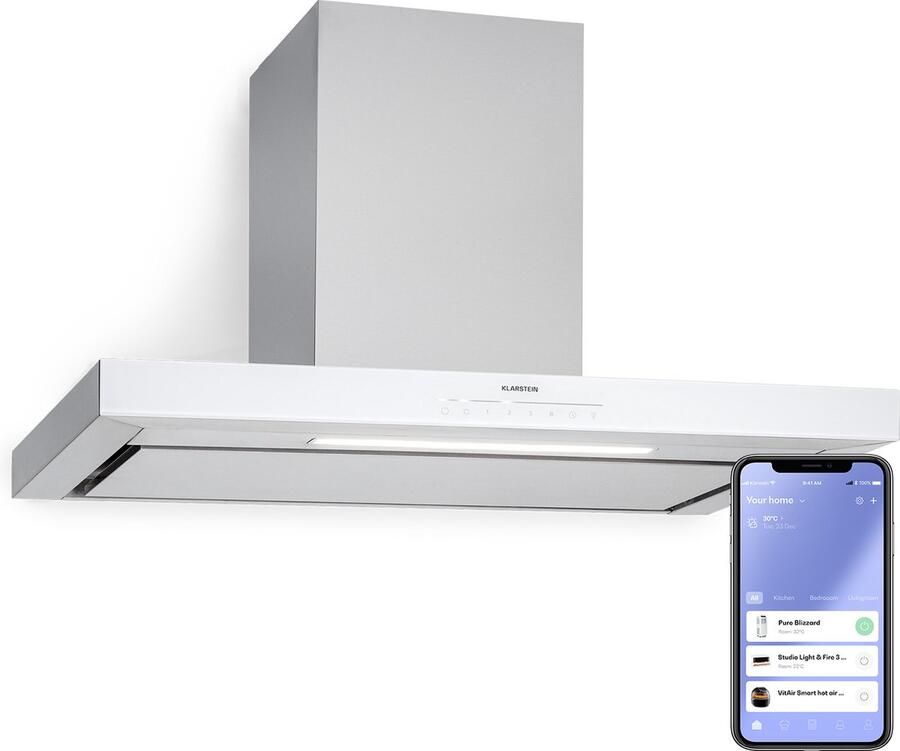 Klarstein Dunstabzugshaube 90cm Abluft Umluft Dunstabzugshaube met Spülmaschinenfestem Filter Abzugshaube Leise 500 m³ h Luftstrom Wandhauben voor die Küche met App Control Dunstabzug 90 cm – geschikt voor thuisfitness en sportschoolgebruik duu