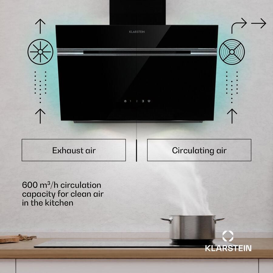 Klarstein Afzuigkap Alina 60 600 m³ u Touchpaneel LED-Achtergrondverlichting Energieklasse A Stil 63 dB Afzuigkap voor Keuken Recirculatiebedrijf 60 cm Zwart 3 Standen Dampkap Wasemkap Kookplaatafzuiging