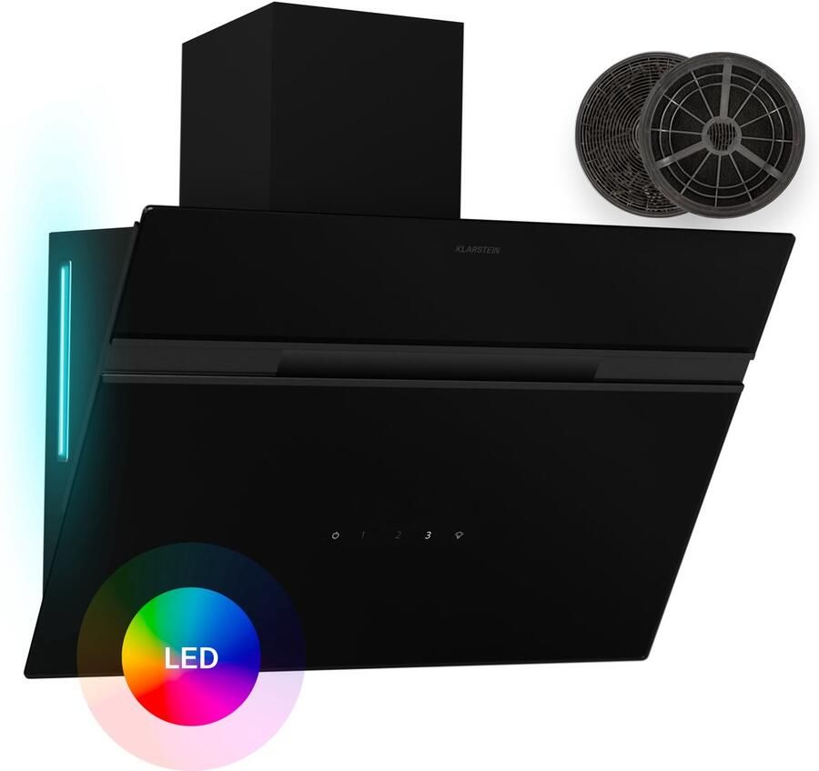 Klarstein Afzuigkap Alina 60 cm Wandafzuigkap 600 m³ u Luchtstroom Energieklasse A LED-Verlichting in 9 Kleuren Touchbediening Recirculatiebedrijf Zwart