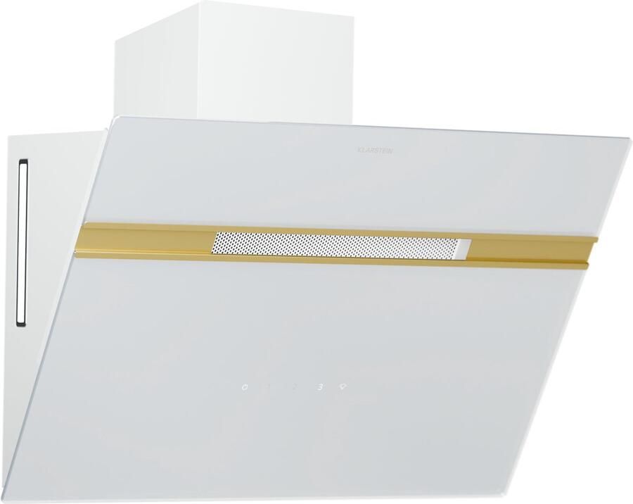Klarstein Dunstabzugshaube Alina 60 cm Wandhaube 600 m³ h Luftstrom Energieeffizienzklasse A LED Beleuchtung in 9 Farben Touch Bedienfeld Weiß Gold Umluftbetrieb Möglich – geschikt voor thuisfitness en sportschoolgebruik duurzame constructie