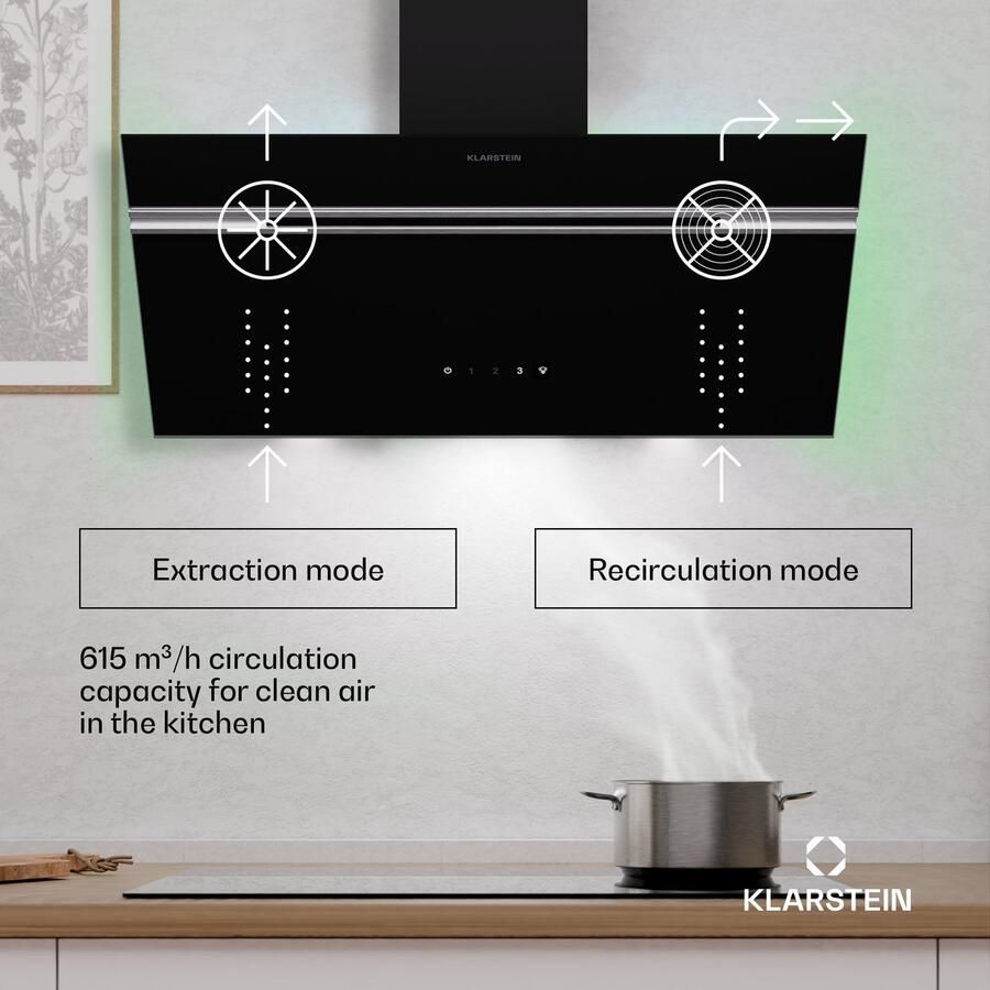 Klarstein Afzuigkap Alina 80cm Afzuigkap 615 m³ h Luchtstroom A-Energie-efficiëntie touchbediening LED-verlichting Stil 69 dB Afvoer & Recirculatie Zwart 120 cm voor Keuken Energiezuinig Dampkap Wasemkap