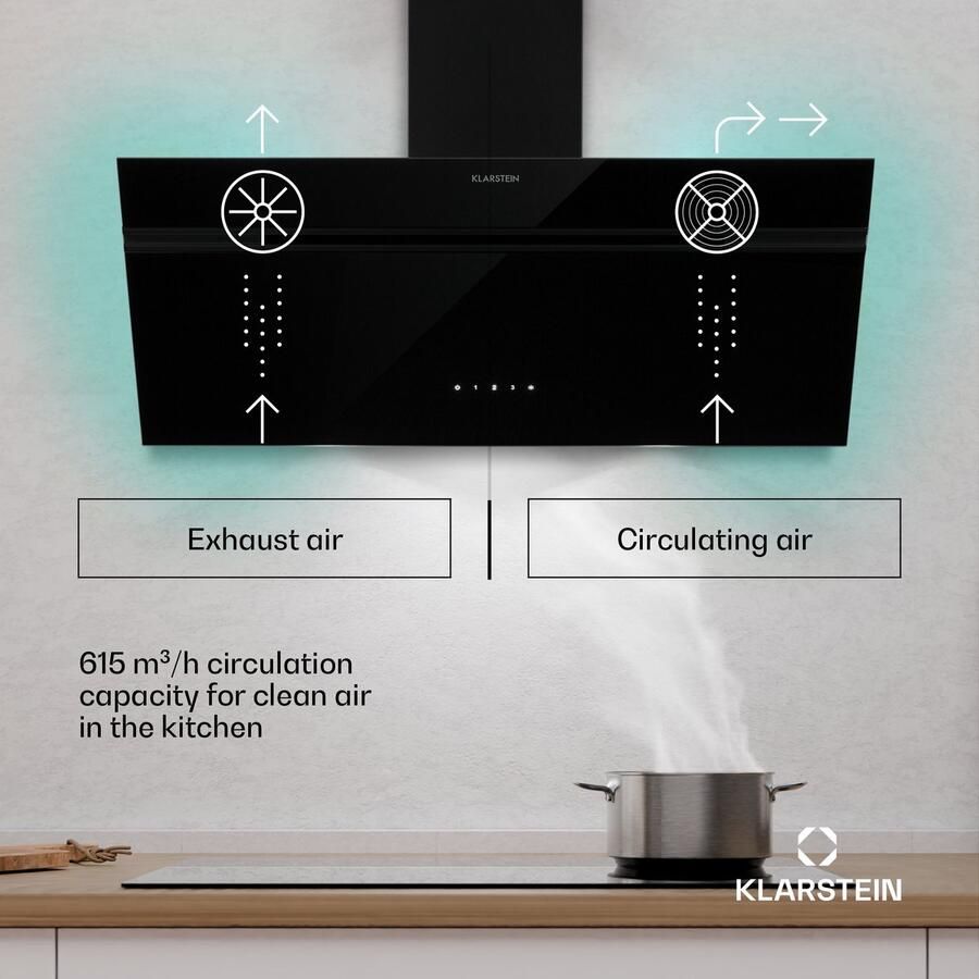 Klarstein Afzuigkap Alina 90 cm Wandafzuigkap 615 m³ u Luchtstroom Energieklasse A LED-Verlichting in 9 Kleuren Touchbediening Recirculatiebedrijf Zwart Schouwkap 120 cm 54 dB voor Keuken RVS Dampkap Wasemkap