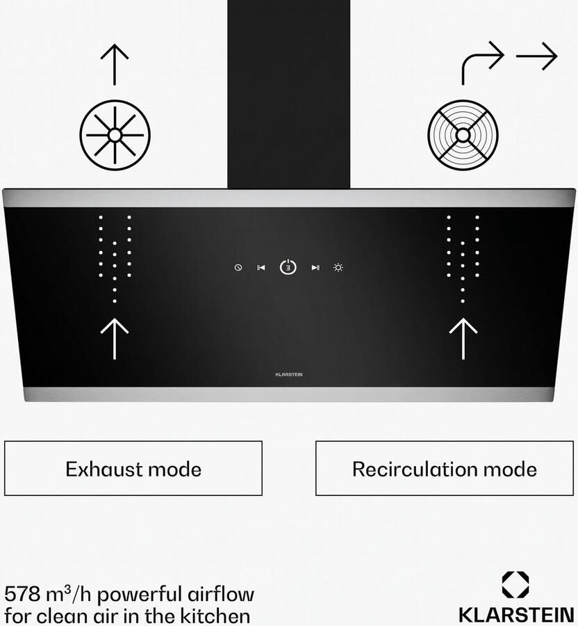 Klarstein Afzuigkap FlashLine – 90 cm Schuine Afzuigkap Touchscreen 524 m³ u A++ Energieklasse LED-Verlichting 34 5 dB Zwart Afvoer- en Recirculatiebedrijf 100W voor Keuken Koolstoffilter Vetfilter Stil Dampkap